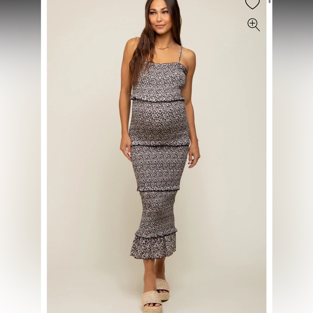 Black Floral Smocked Ruffle Tier Maternity Midi Dress